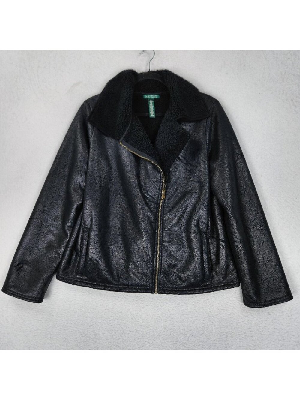 Ralph Lauren Jacket Womens Large Black LRL Sherpa Lined Moto Zip Up Classic